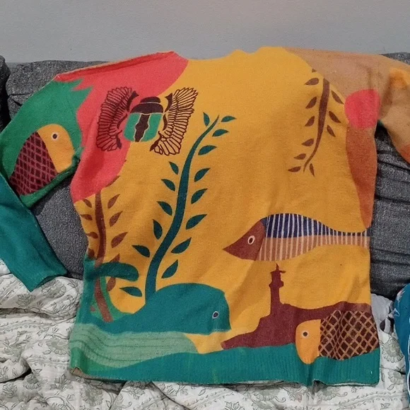 YESNO Womens Artsy Novelty Graphic Fish Ocean Life Wool Blend Pullover Sweater - Picture 3 of 8